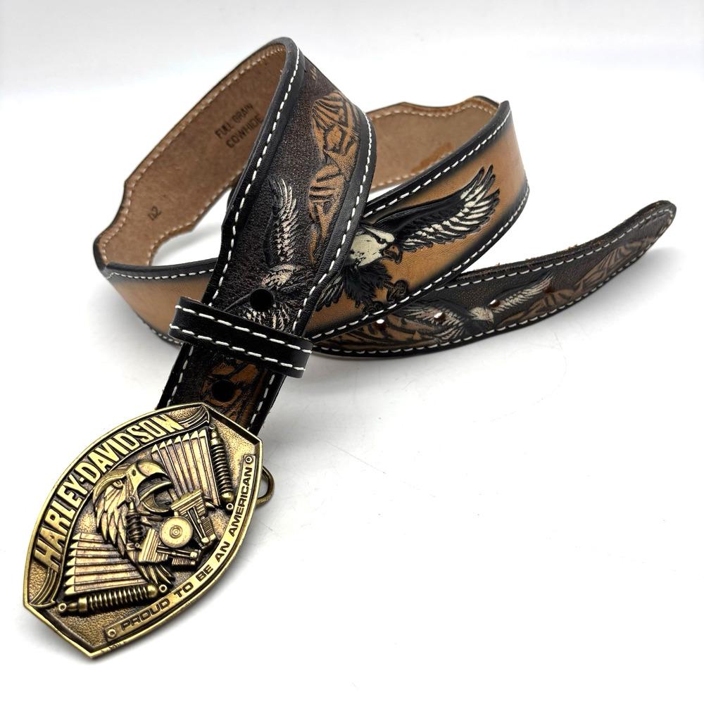 1990 Siskiyou Buckle Co Harley Davidson Brass Buckle on Eagle Tooled Belt 42 USA